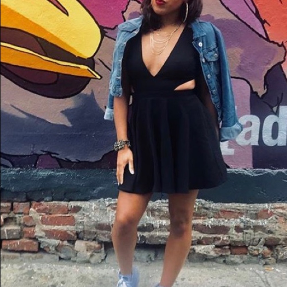 Black V Neck Dress with Side Cut Outs